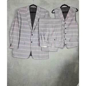 Apollo King Gray 3pc Suit 42L Pants 36L 38x28 Windowpane Houndstooth Check